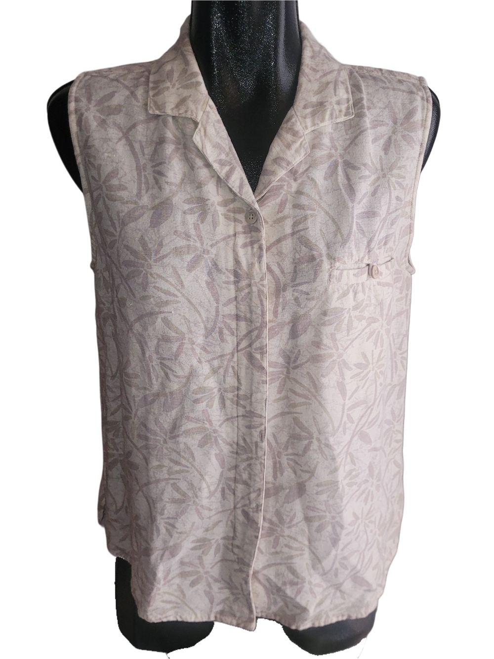Royal Robbins Cream Floral Linen Blend Sleeveless Button-Front Top Size L